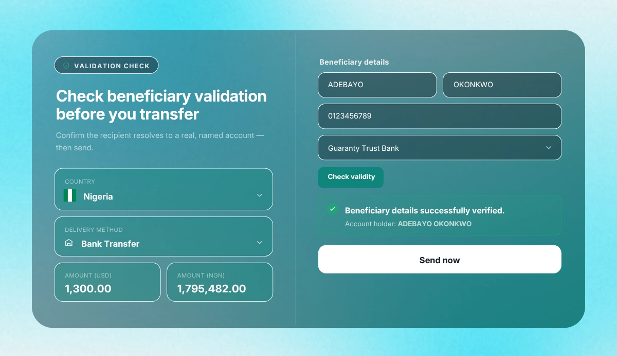 Account validation before money transfer